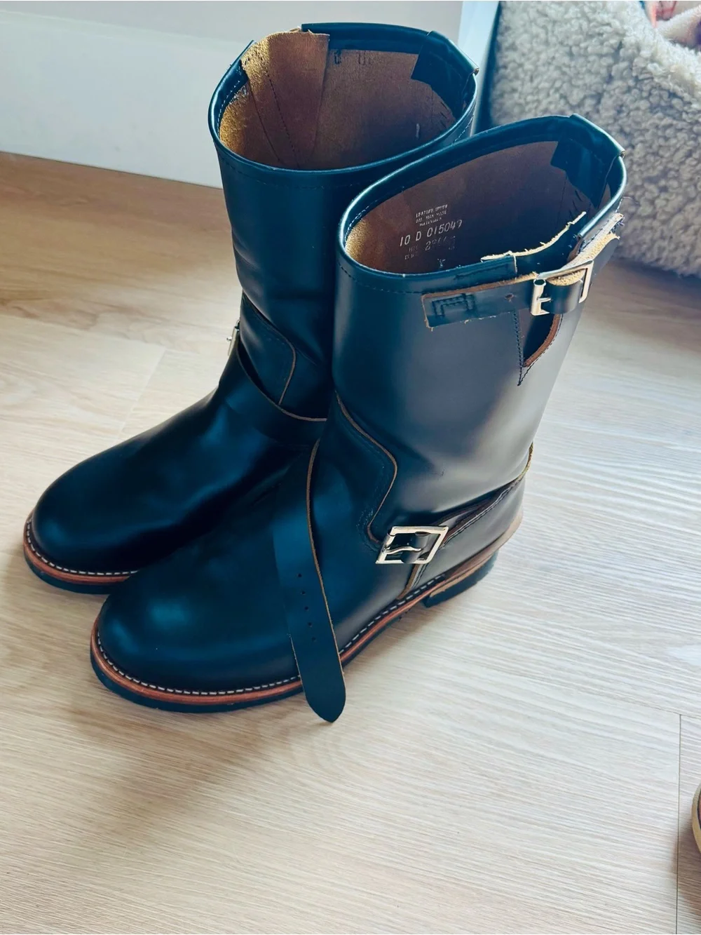Schott NYC Black Leather Engineer Boots with Brown Welt